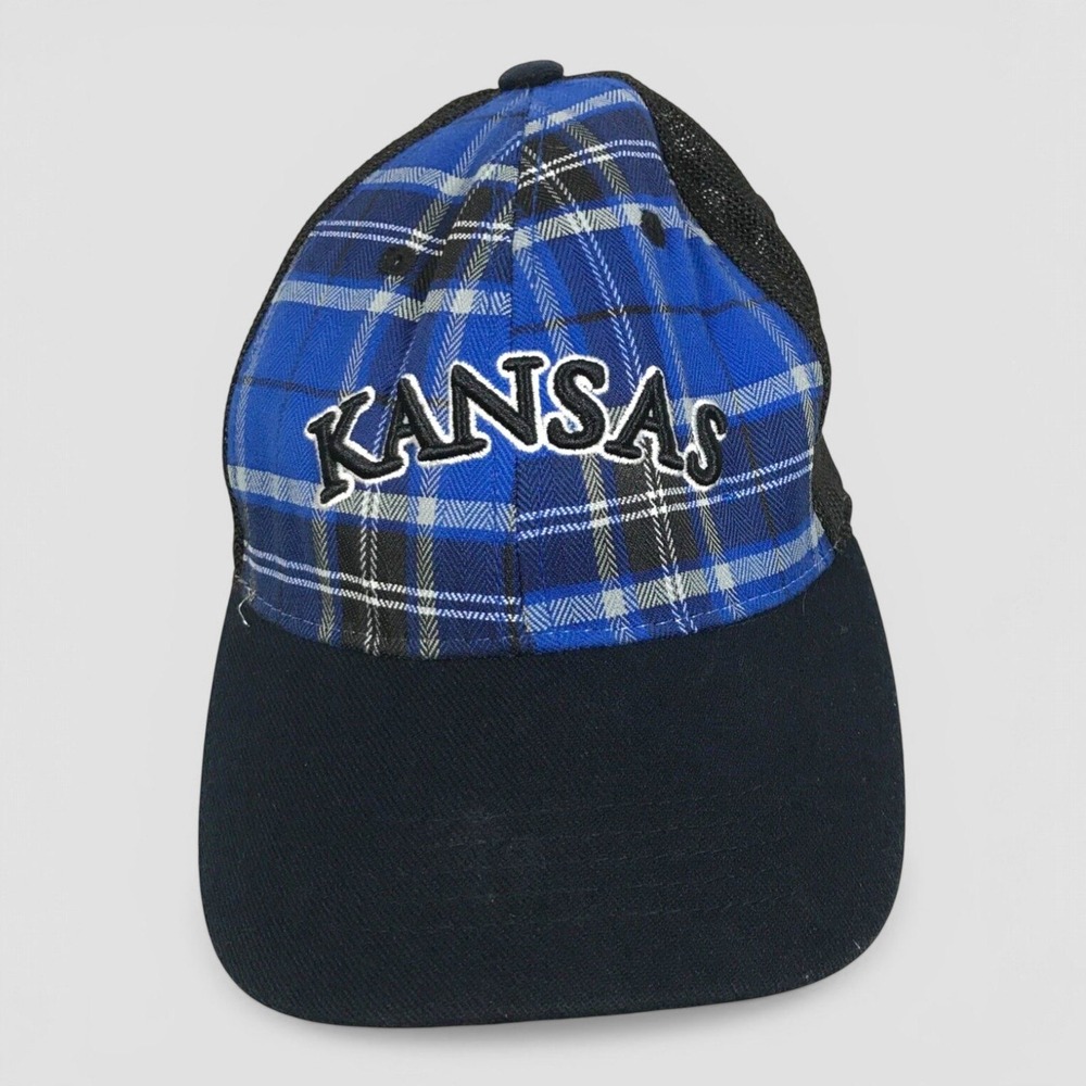Top of the World Kansas Jayhawks Hat Blue Plaid Mesh One Fit Trucker Cap Mens